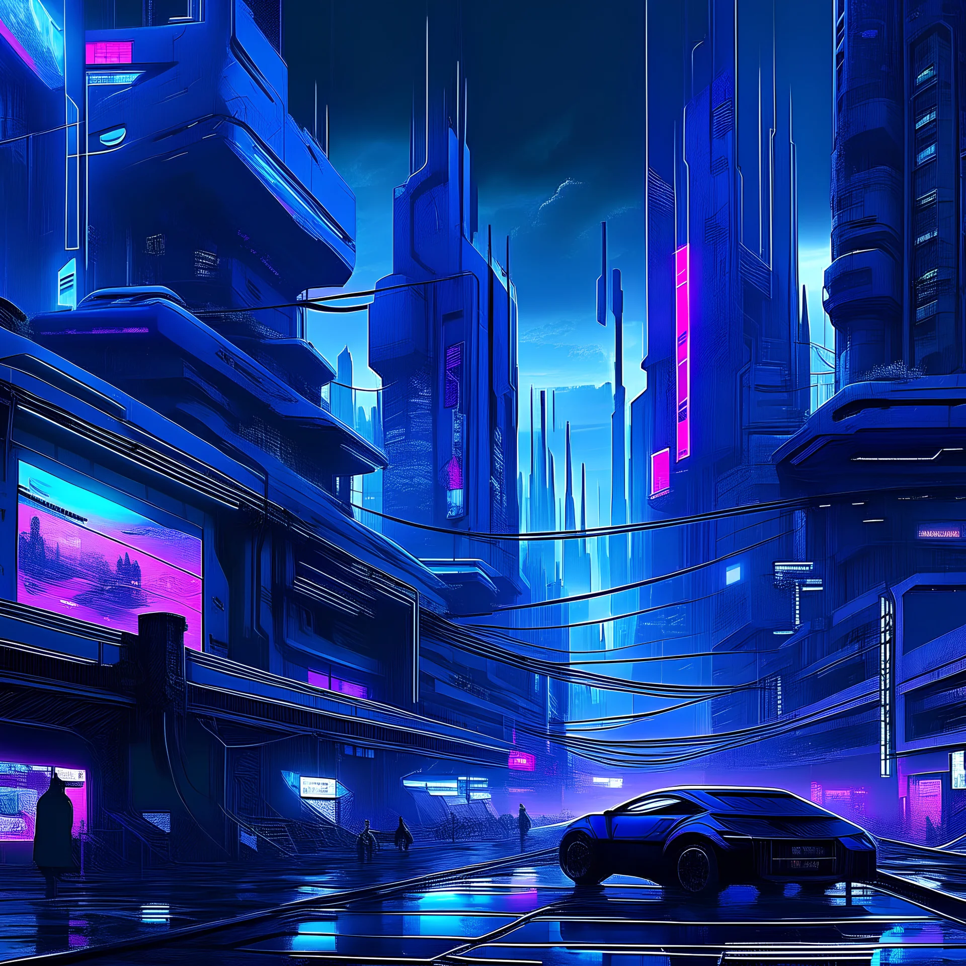 Degen art, postcyberpunk, violet, blue, flashy, parasite, cityscape alien