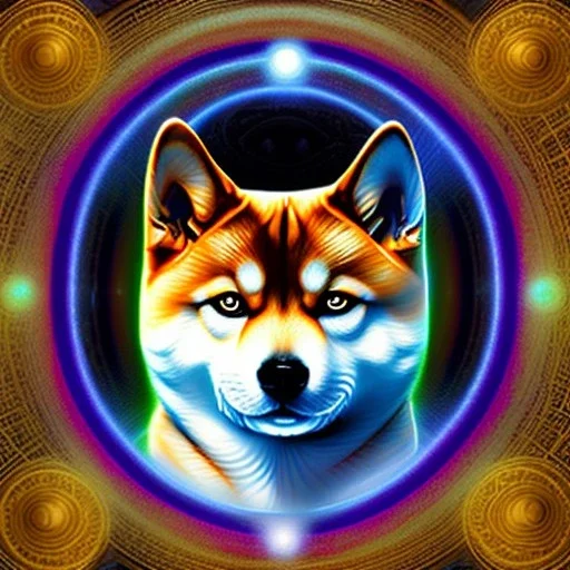 cosmic shiba inu, psychic energy, ethereal orbs, sacred geometry