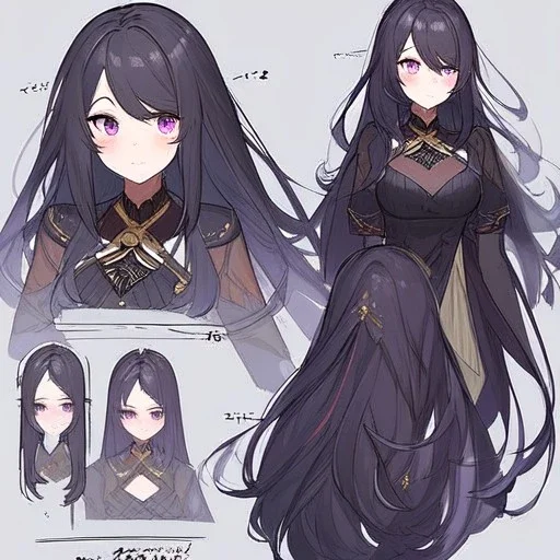 High quality, Detailed, Black long hair, Purple eyes, mouth open, blushing, rich clothes, concept art, clothes kinda reavling