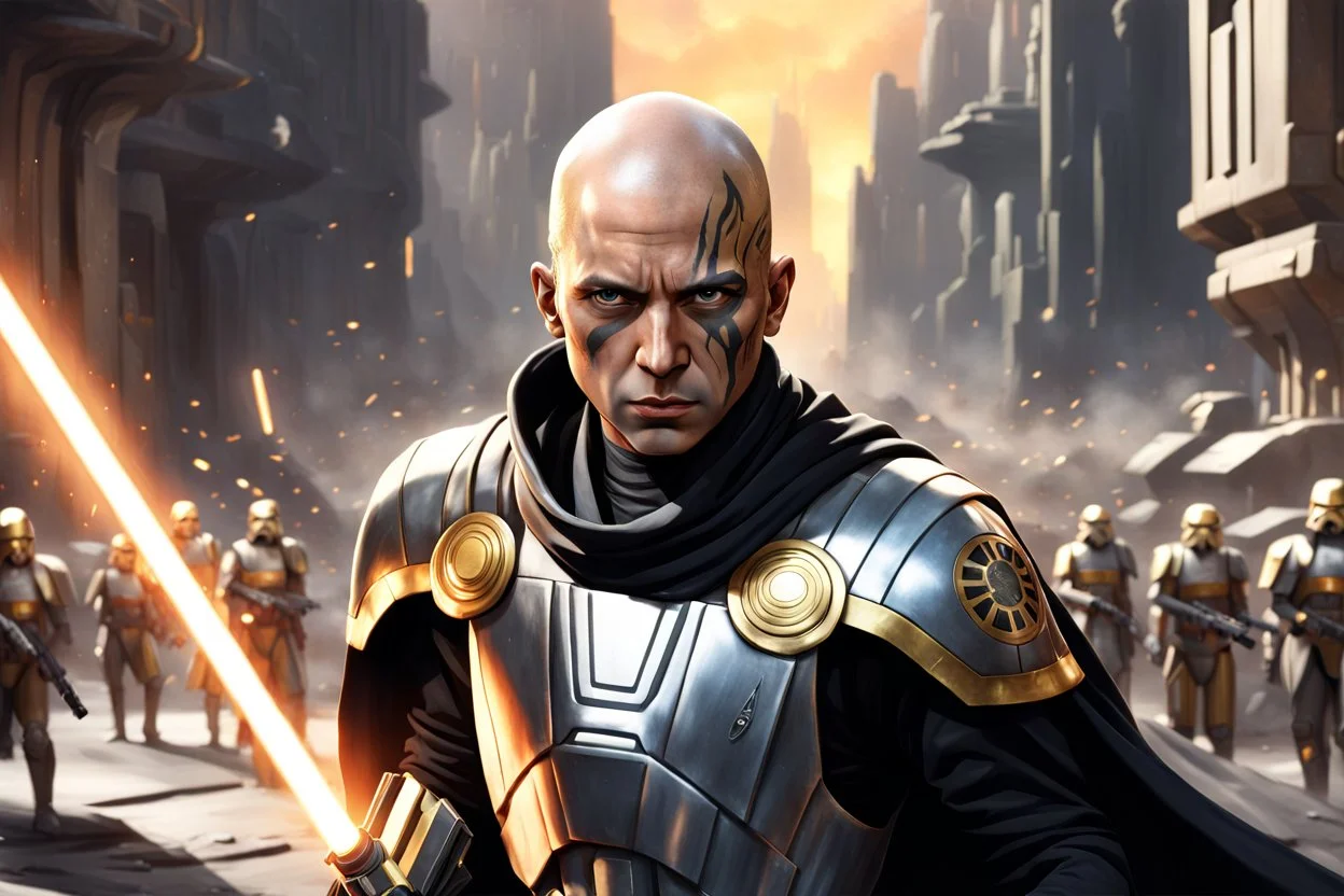 star wars bald male corellian jedi pilot wearing black and gunmetal grey old republic armored robes with gold trim, alone, battle-ready Jedi Master defending a ruined ancient city surrounded by golden light, centered head and shoulders portrait, hyperdetailed, dynamic lighting, hyperdetailed background, 8k resolution, volumetric lighting, light skin, fully symmetric details