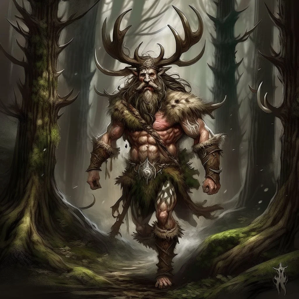 large muscular firbolg man covered with fur and vines with antlers walking in the woods fantasy digital art