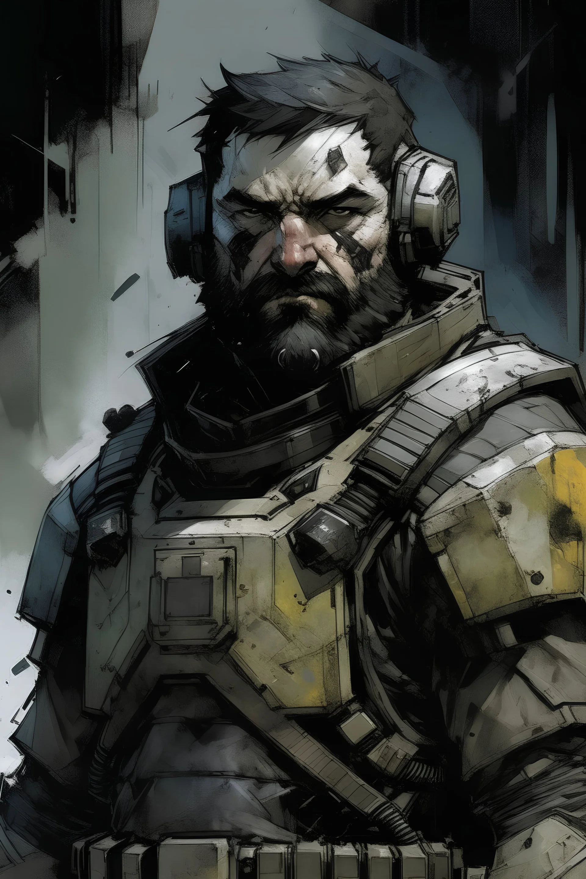 A rugged spacewolf with short thick black beard wearing power armor and helmet, art style Alex Maleev