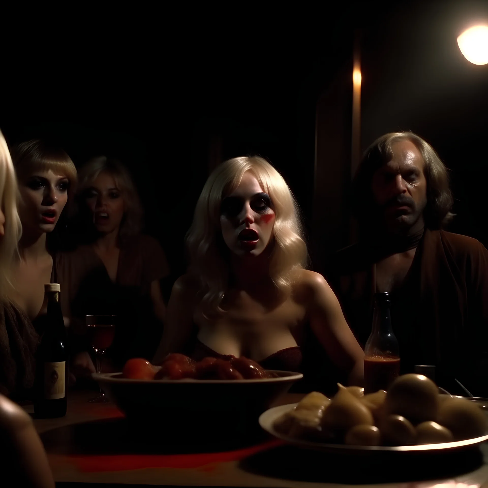 Horror movie shot, spooky, ultra realistic, dine, men, women, devil, spooky beast, ultra realistic hot blonde women, party, pieces of meat, organs, ail dynamic, anguish, very excited people, hypermaximalist, 1970's Italian horror movie, sinister, John Carpenter, Dario Argento, Stanley Kubrik, ornate, 4k, photorealism