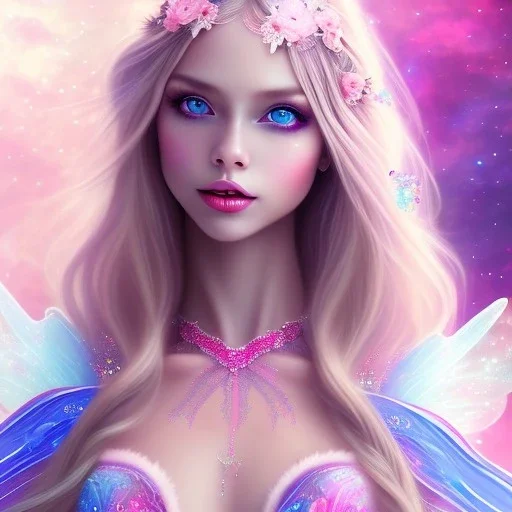 beautiful, soft, big smile face, whole head, long straight blonde hair blues eyes, crown on the head, clothing in transparent bluish and pink veil,fairy wings on the back, background brillante bluish and pink, hight definition, 8K