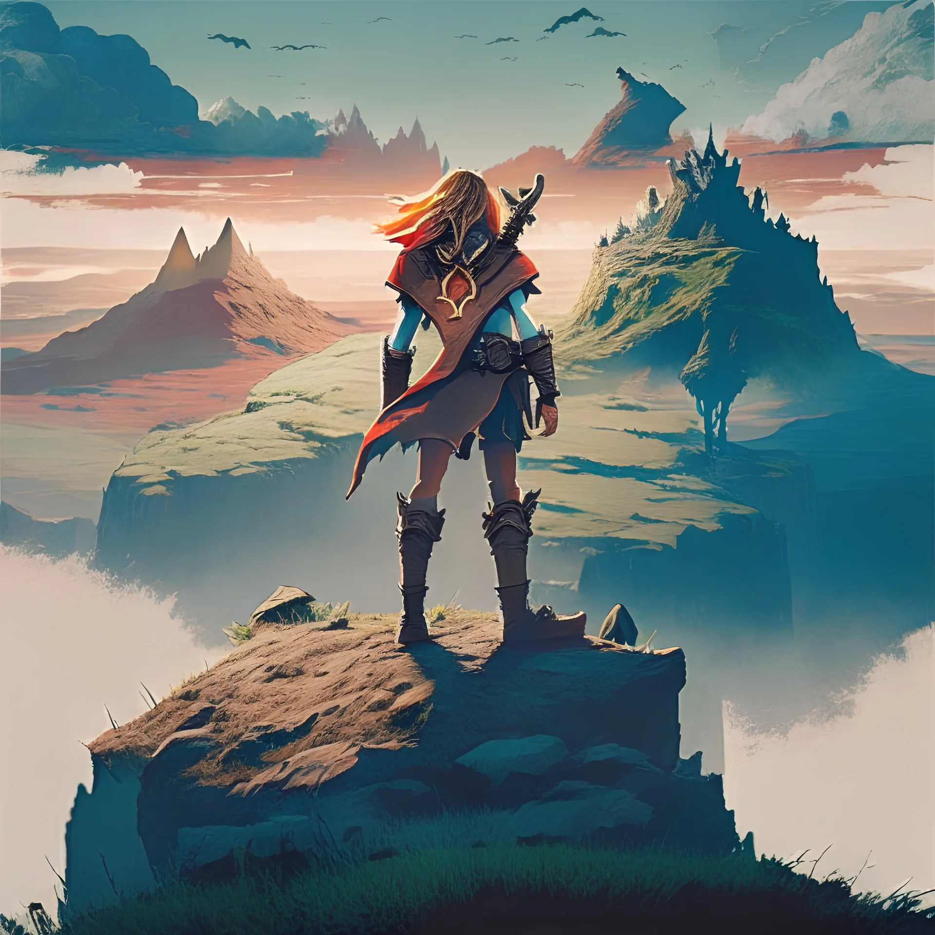 legend of zelda but link is a demon full body standing on a hillside looking towards hyrule