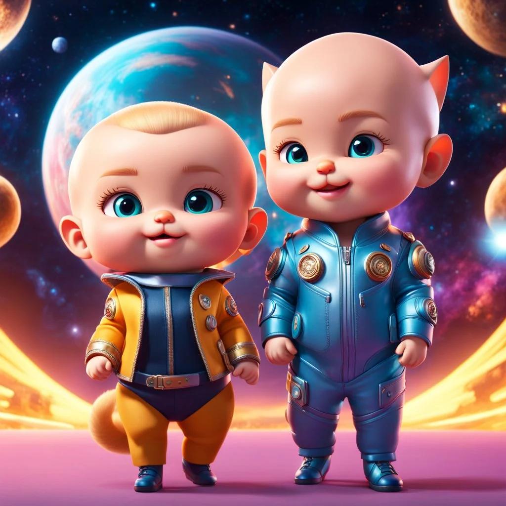 (masterpiece, best quality, 8k, RAW photo, beautiful and aesthetic:1.2), complex detail, Indirect light, photorealistic, (((full body))), 2 Cosmic Boss Baby style, bald boy and girl smiling, long curved blonde hair , with a ginger cat companion, colorfull Sci-Fi environment