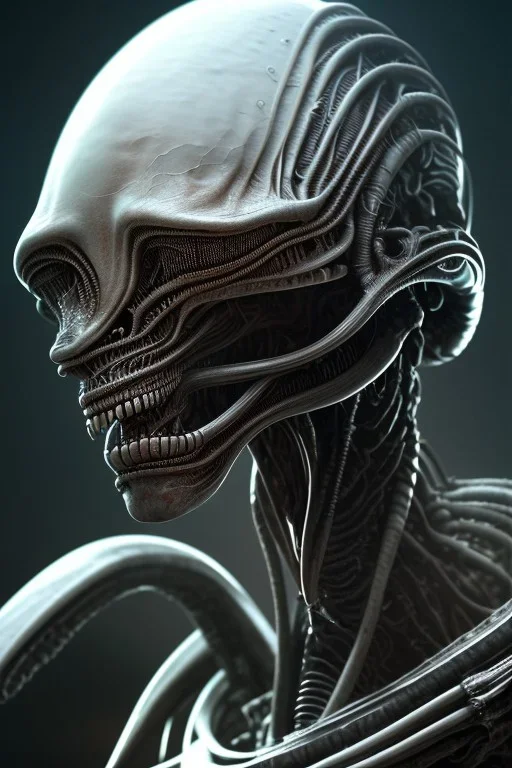 alien, head, dark, evil, weapons, blood, 8k, finely detailed, photo realistic, HR Giger style