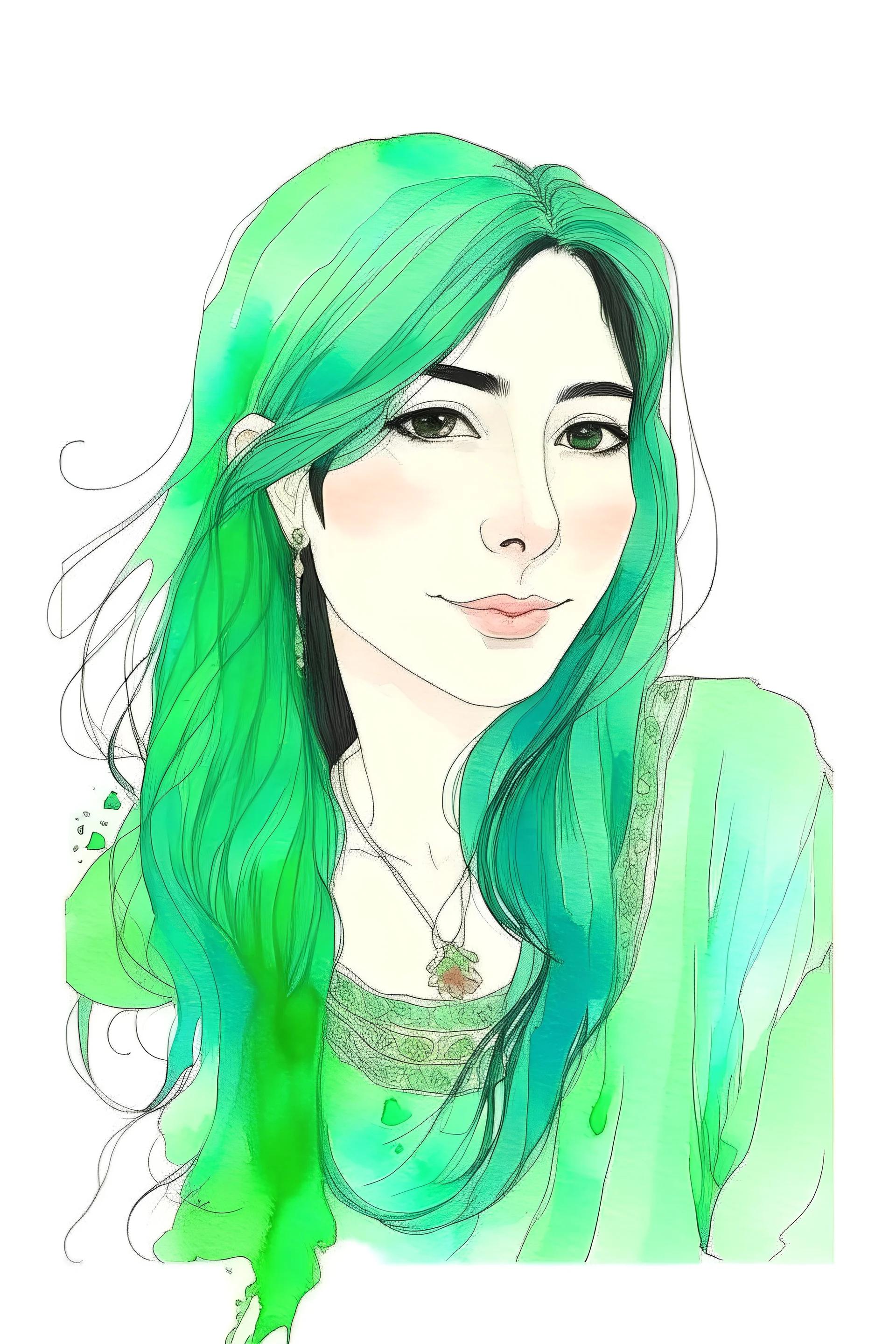 Watercolor long mint fringed hair girl