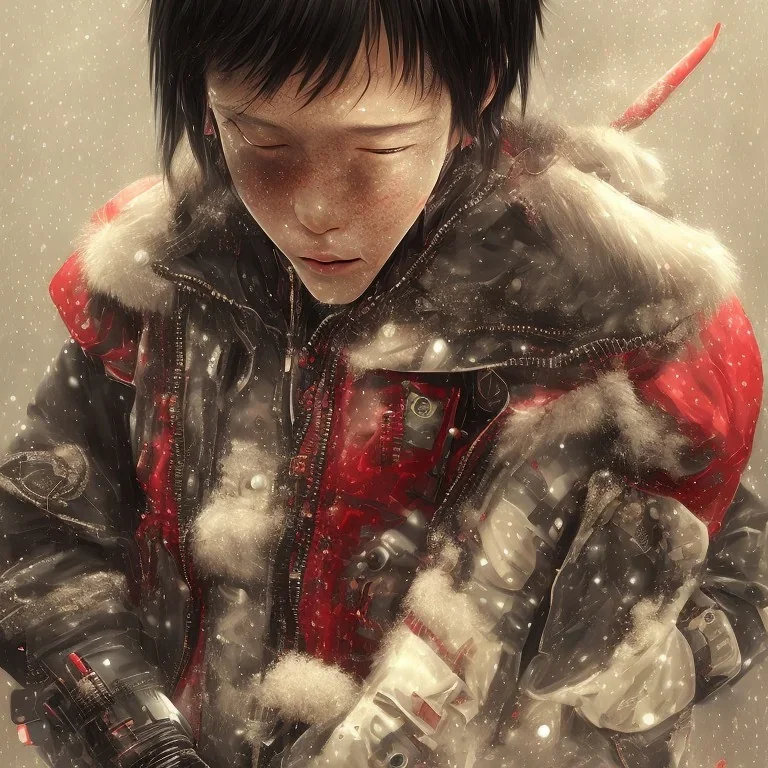 just a distant japanese only boy, Christmas night, photo from behind, black hair, sitting on floor, akira red jacket with pill in the back, tokyo post apocalyptic, rain, extremely detailed, extremely realistic