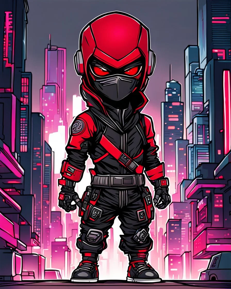 dibujo de contorno de un Ninja Chibi negro y rojo con traje cyberpunk, full body, fondo de ciudad