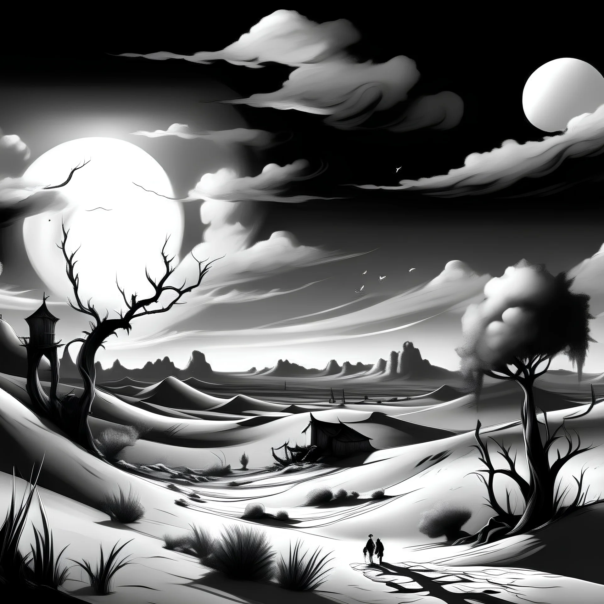 black and white desert scene in the style of salvador dali