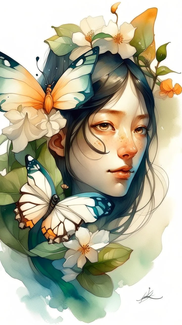 dnd, fantasy, watercolour, humongous strokes, stylistic, portrait, illustration, furry, a butterfly and jasmine flower