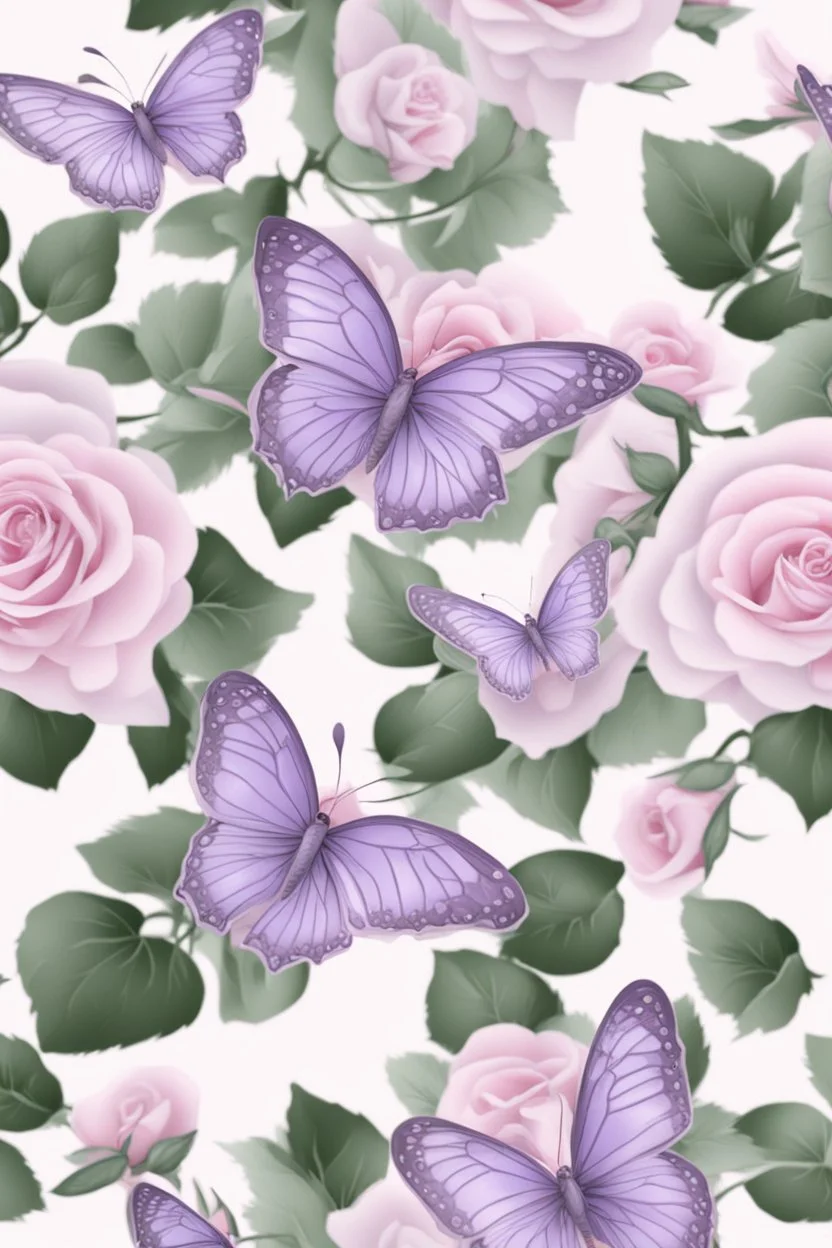Light pink and light purple butterflies in the snowy winter with roses
