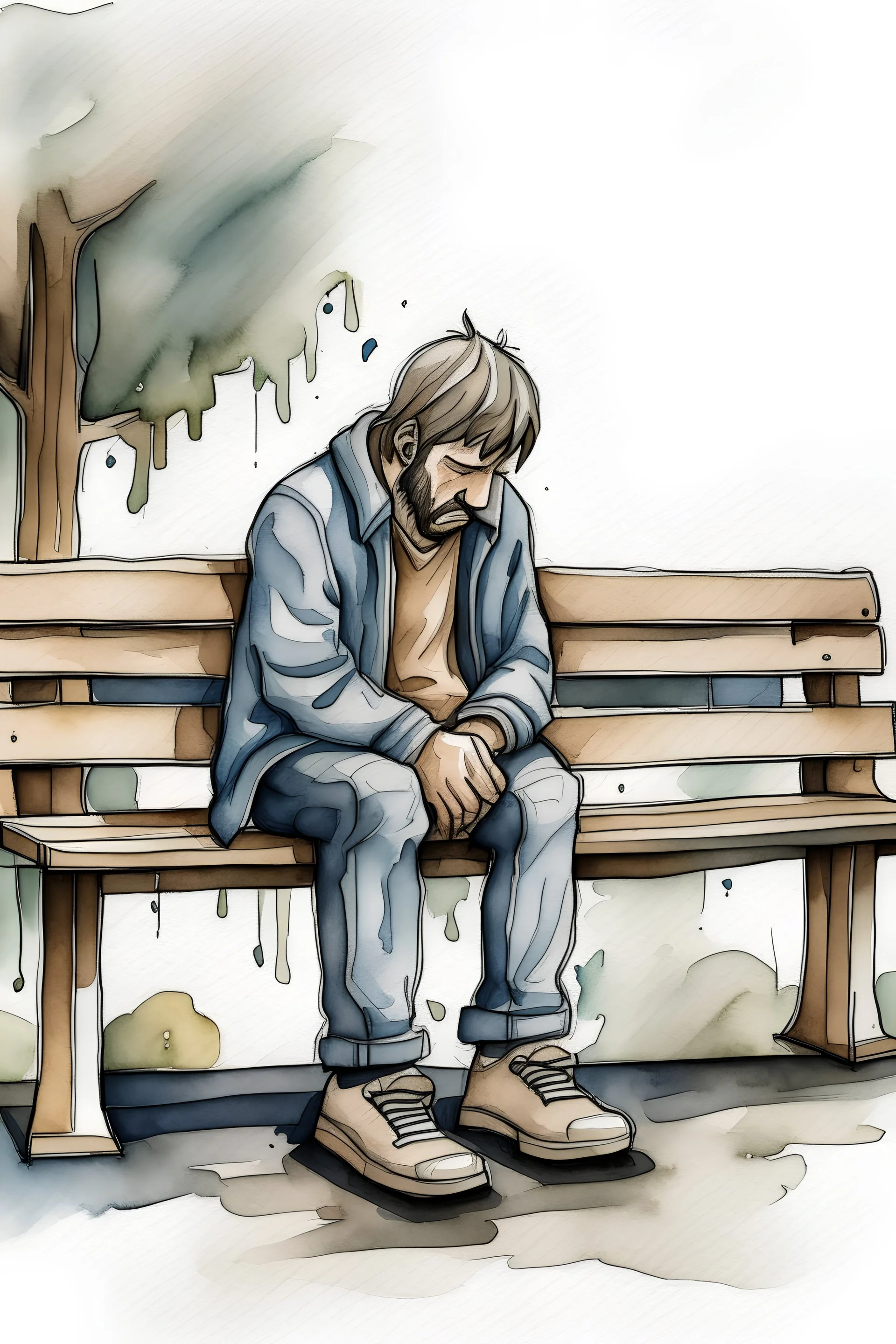 Watercolored crying man sitting om a bench