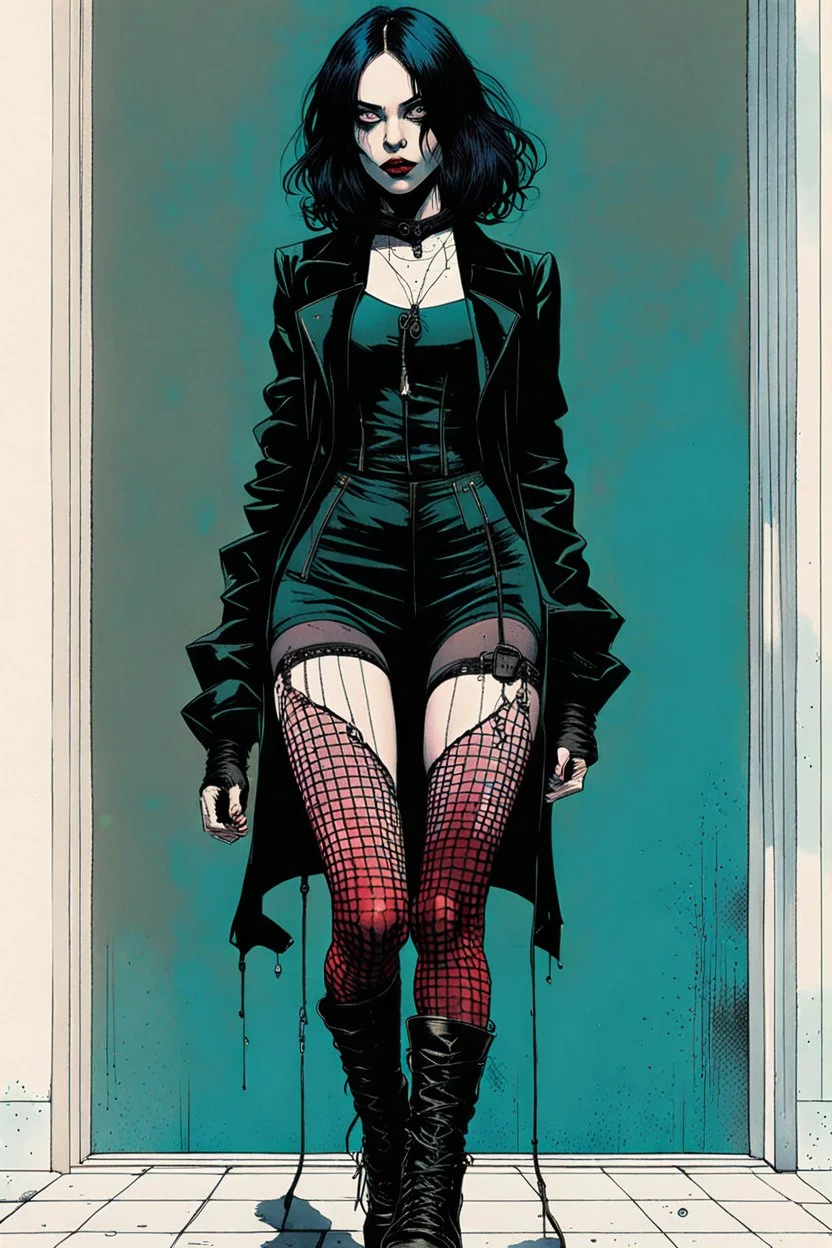 Create and fine print full body illustration of a Goth Girl with finely lined and detailed facial features in a ragged gothic dress, fishnet stockings ,battered combat boots, , in the graphic novel style of Bill Sienkiewicz, and Jean Giraud Moebius, precisely drawn, colored and inked