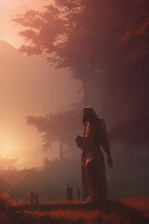  Jesus statue, A beautiful landscape at dawn by atey ghailan, ismail inceoglu, michal lisowski, artstation, volumetric light, high detail, perfect