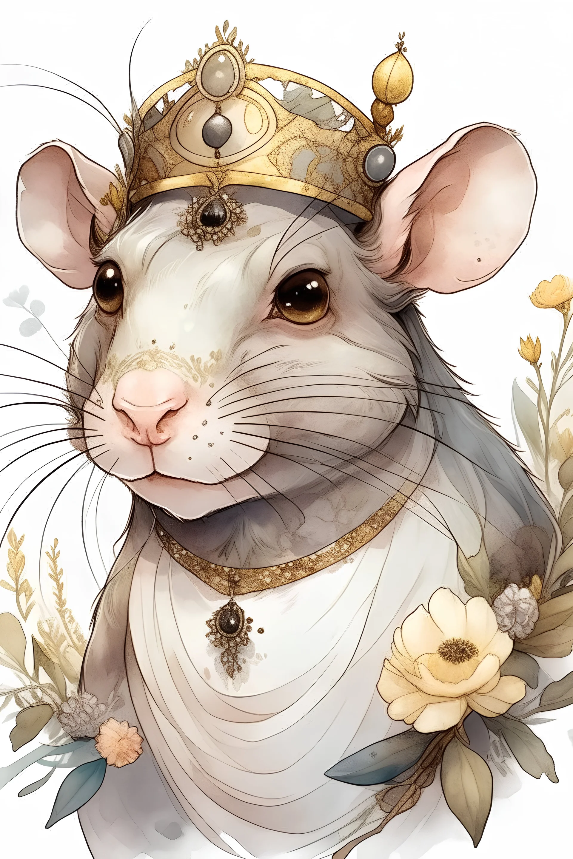 anthropomorphic rat, young woman, wearing an all white dress, with pale skin, pastel eyes, and long dark brown hair, tied up in a braid crown, flowers in her hair, rat features, freckles. rat ears, beautiful, daring expression, feminine features