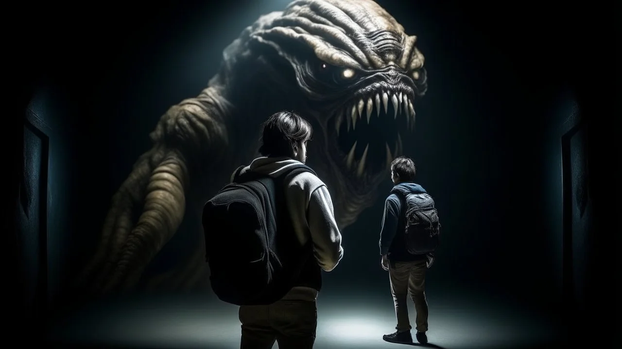 شخص واقف امام وحش مخيف للسفر عبر الزمن الشخص ينضر الا الوحش المخيف ولجو مخيف ومضلم