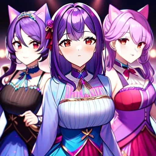 Clear focus, 8k, cat girl, high quality, detailed, purple hair, red eyes, beautiful lighting, vibrant colors, idol