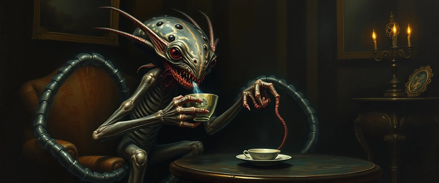 master oil painting by Rembrandt, good afternoon gremlin hydraulic Fathomlurker drinking tea in parlor "An abyssal creature with translucent skin revealing writhing organs, many spindly legs and elongated fingers, eyes like lanterns scattered across its body, tentacles that ripple silently, lurking in black depths, almost invisible, emitting an eerie blue glow."