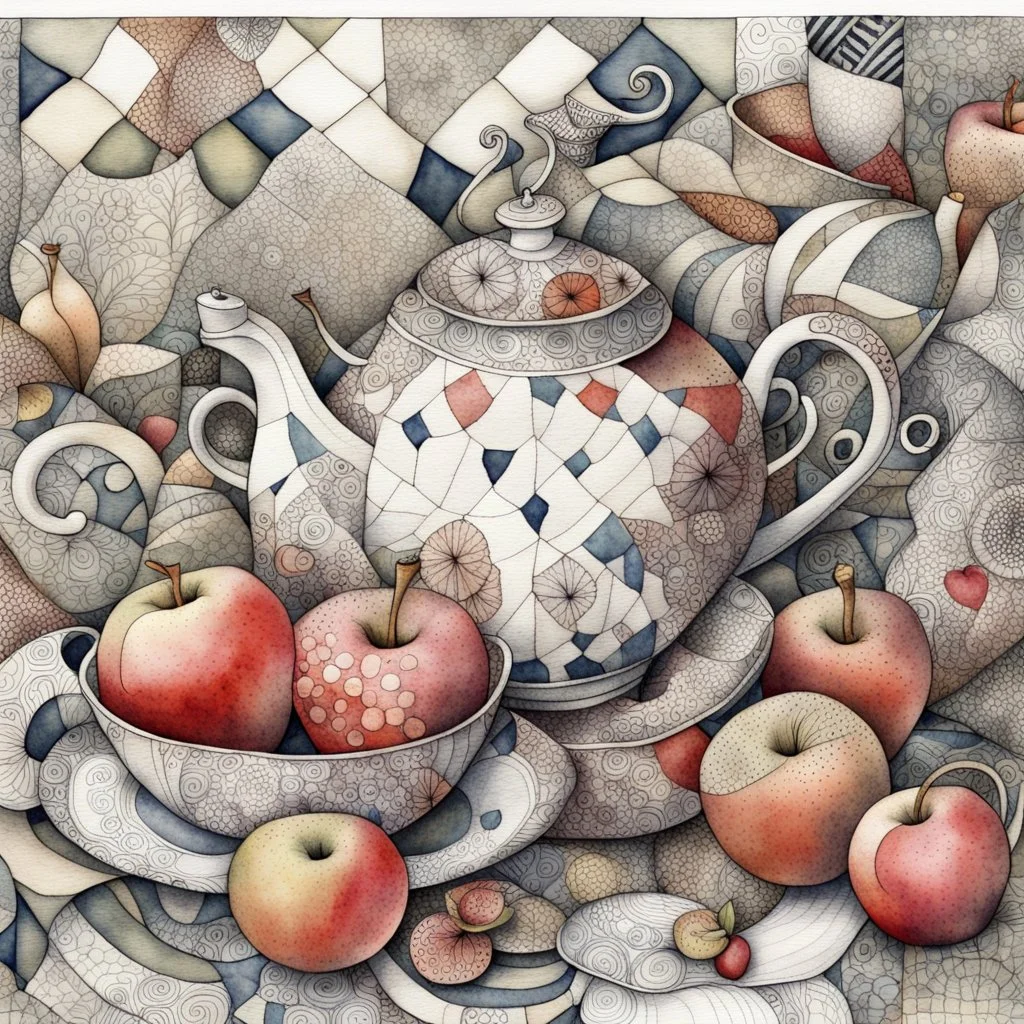 Watercolour and ink patchwork in the style of Jamie Heiden, Walter Crane, Yayoi Kusama, Ivan Shiskin, John Atkinson Grimshaw: zentangle cute whimsical watercolor Still life with apples on a porcelain plate and a teapot crisp quality, ultra detailed, elegant, fantastical, surreal, watercolor and pen, beautiful high definition fine 3D line art, white and grey and red dreamy colours, extremely detailed, intricate, elaborate, HDR, award winning, expressionism, fantastic view, ethereal, fantasy, unsi