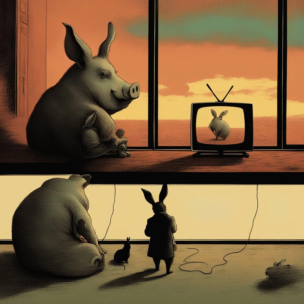 pig watching a tv about video game persona with a rabbit playing music beksinski style