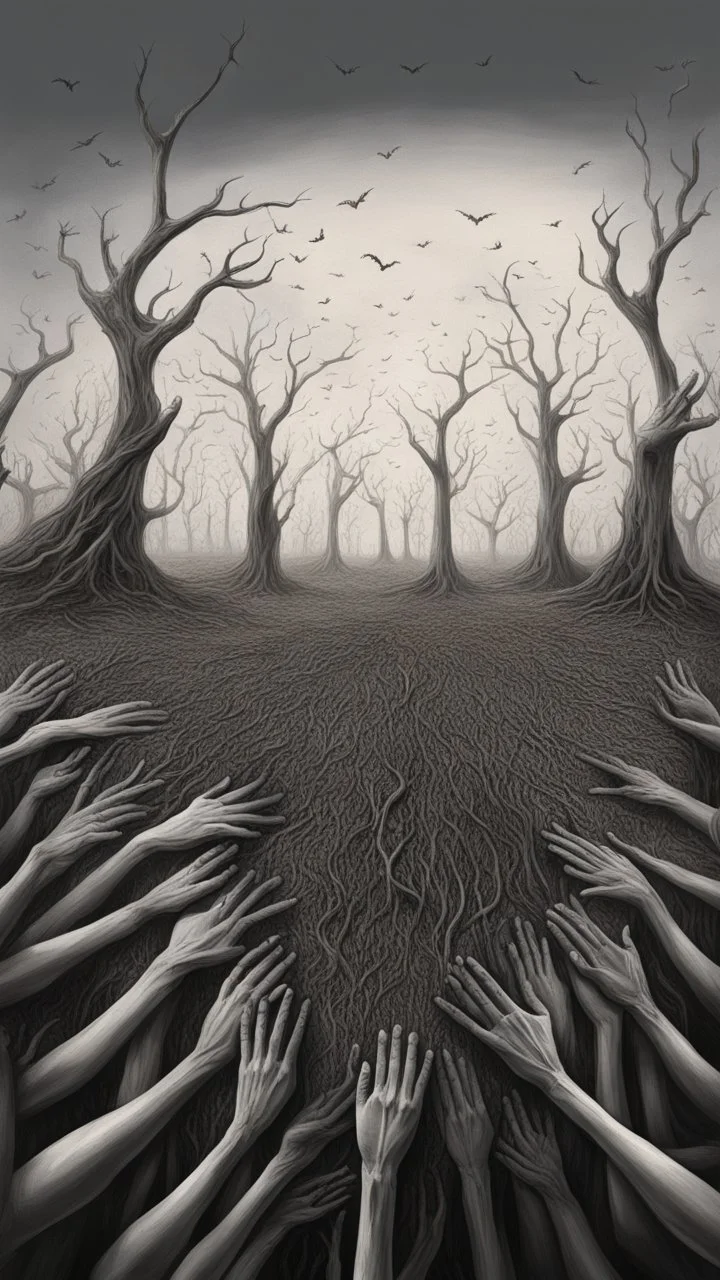 a field of thousands of hands of bodies rising up from the ground not visible, horror, hands in different shapes coming out from the ground towards the sky Busch painting style nightmare and thin line draw, a dry tree no leaves only branches