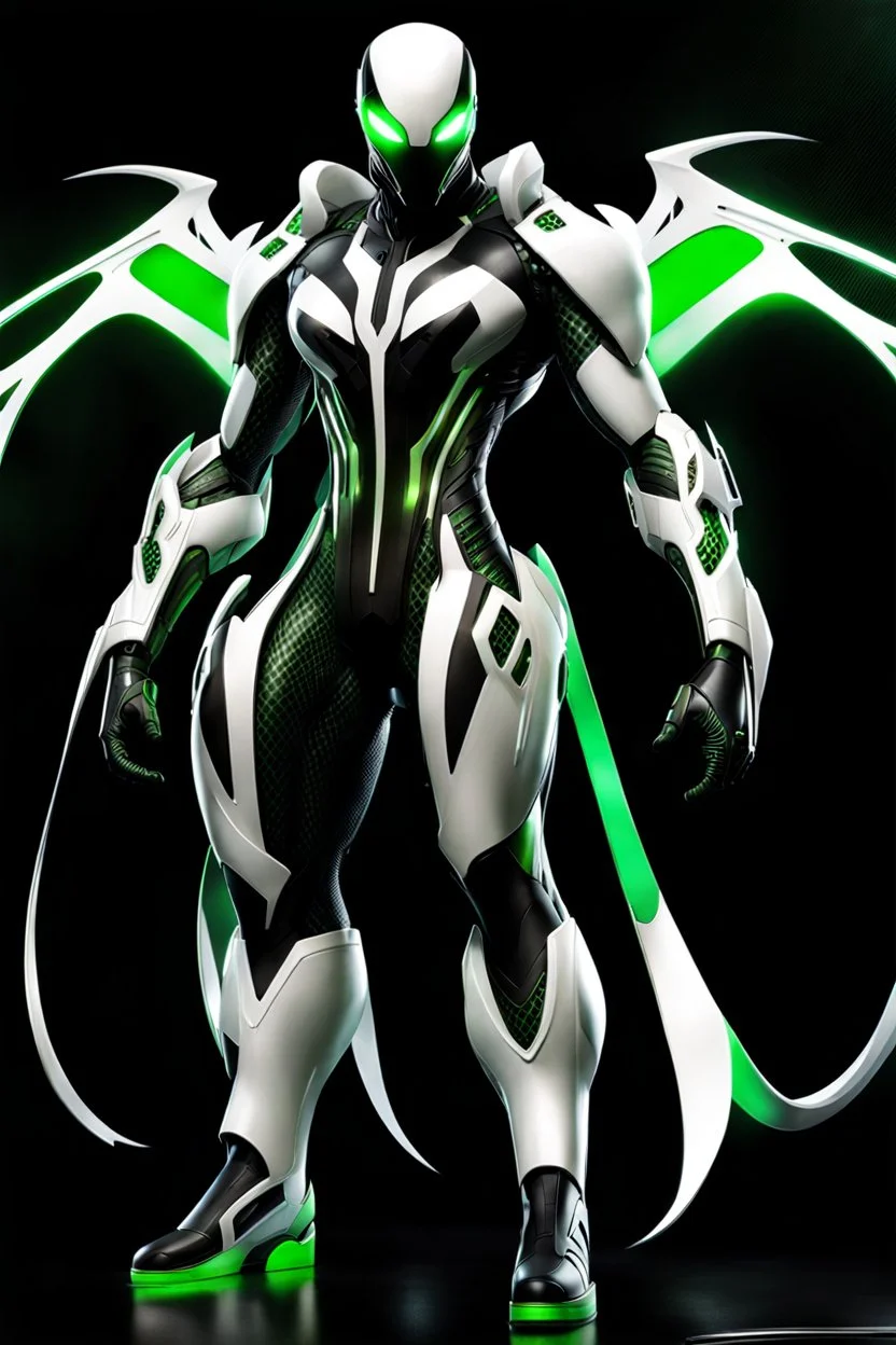 Cyborg symbiote, white color, green color, tendrils, high tech, cyberpunk, biopunk, membrane wings, carbon fiber, cyber tentacles, and the other two.