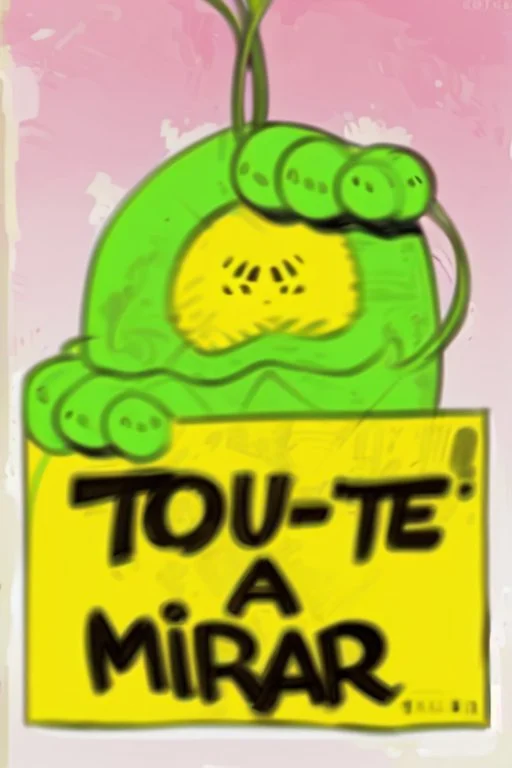 an image showing a green character holding a sign titled tou de volta skeptika, in the style of 1970s, post-war french design, flickr, tempera, contax ii, violent, joyful and optimistic --ar 2:3