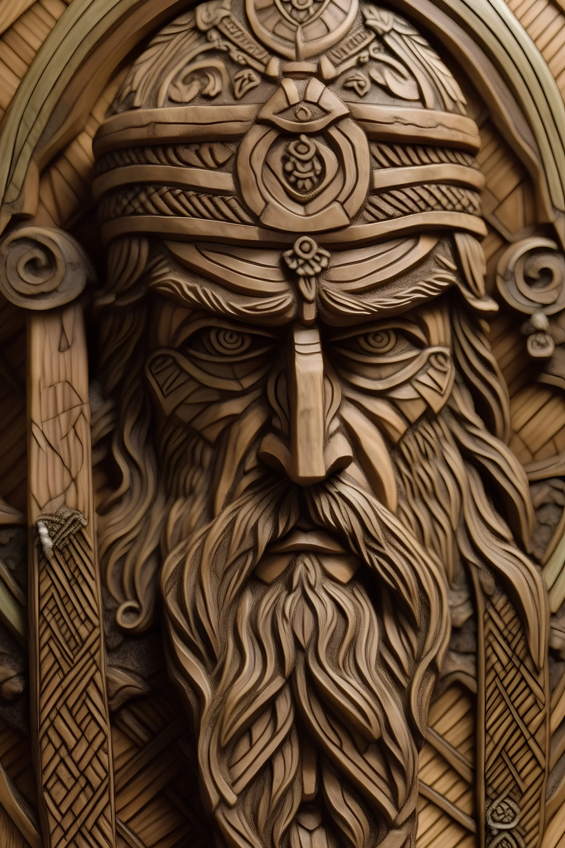 Viking themed. wood carving. Valhalla. face