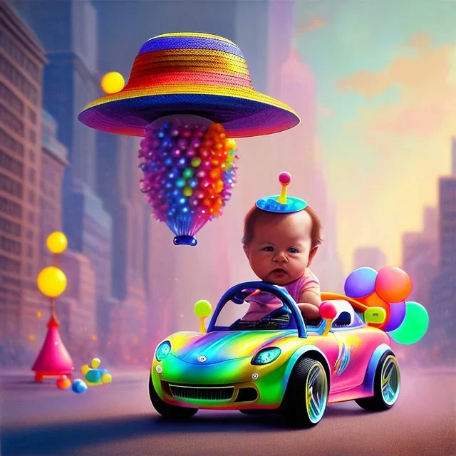 A one-year-old boy rides in the plastic funny toy-car on the middle of a busy street in new york. He has and a large-brimmed straw hat. somehow photographic bright colors and sunset, fantasy art, Anna Dittmann, digital painting, dan mumford, oil on canvas, jeff koons, akihito yoshida, wlop, kodachrome,