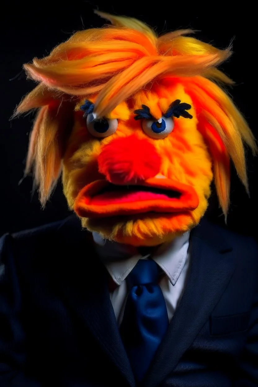 a Film Photograph of a realistic angry orange Donald Trump Muppet made of felt and fur wearing a dark blue suit and red tie and with blonde hair combover, he is old and angry