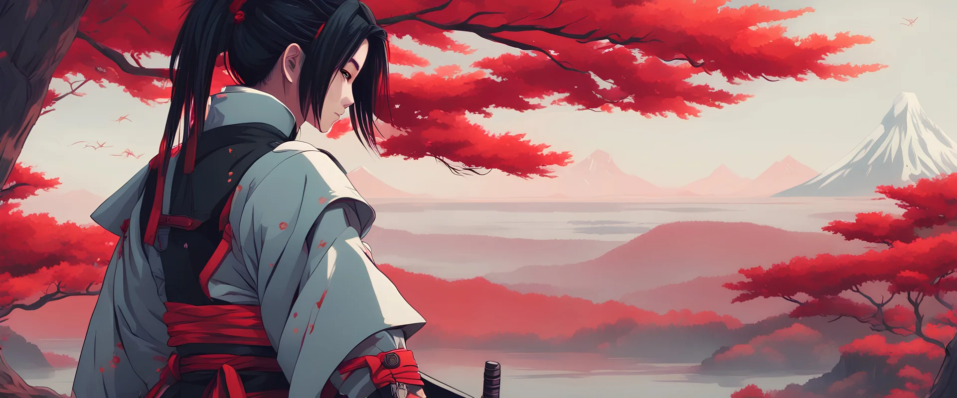 It generates an image of a futuristic samurai, fusing samurai traditionality with the relaxed style of the Lofi Girl channel, but in a masculine version. The samurai must hold two swords, with futuristic clothing highlighted in vibrant red. The character's black hair falls gently to his shoulders. Place it on the left side of the image. In the background, she creates a landscape divided by lines, representing the four seasons of the year. On the right, it shows blooming trees for spring, golden