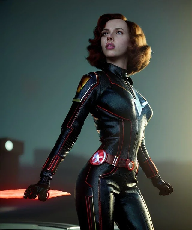 retro sci-fi portrait image from 1960, supermarket parking explosion, fire, classic black widow, young Scarlett Johansson, tight latex suit, superhero marvel, soft color, highly detailed, unreal engine 5, ray tracing, RTX, lumen lighting, ultra detail, volumetric lighting, 3d, finely drawn, high definition, high resolution.