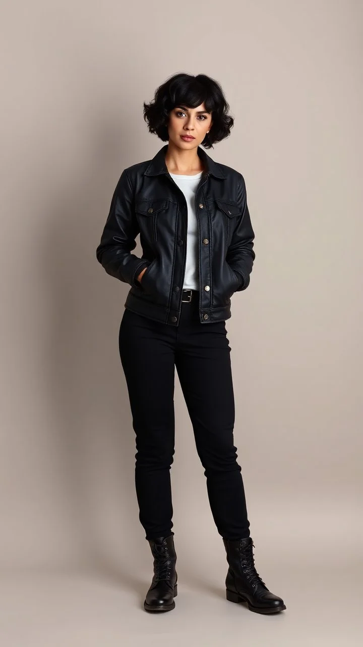 beautiful lady with short black curlay hair ,classic jacket and pant and stand full body hands free release pose pretty boots ,simple background