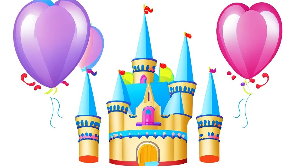 Illustration of a balloon castle, this castle is the party decoration factory. detailed illustration. Children book style.