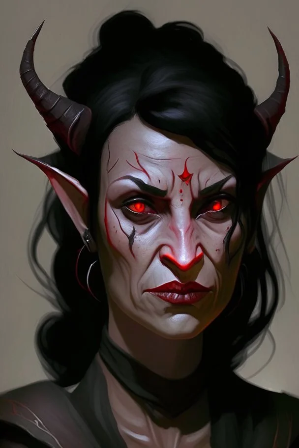 A kind looking tiefling woman in her 40s. She is motherly, with black hair and red eyes. She has scars and wears black