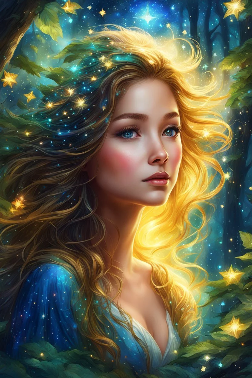 Adorable digital painting style. Beneath the forest's dreamy canopy, A girl of wonder, dressed in starry glee, Her flowing hair, a golden radiant stream, Her eyes, aglow, with a celestial gleam, highly detailed, pretty face, fantasy art, digital art, colored ink, 4k, vibrant colors, dream, correct face structure, correct anatomy