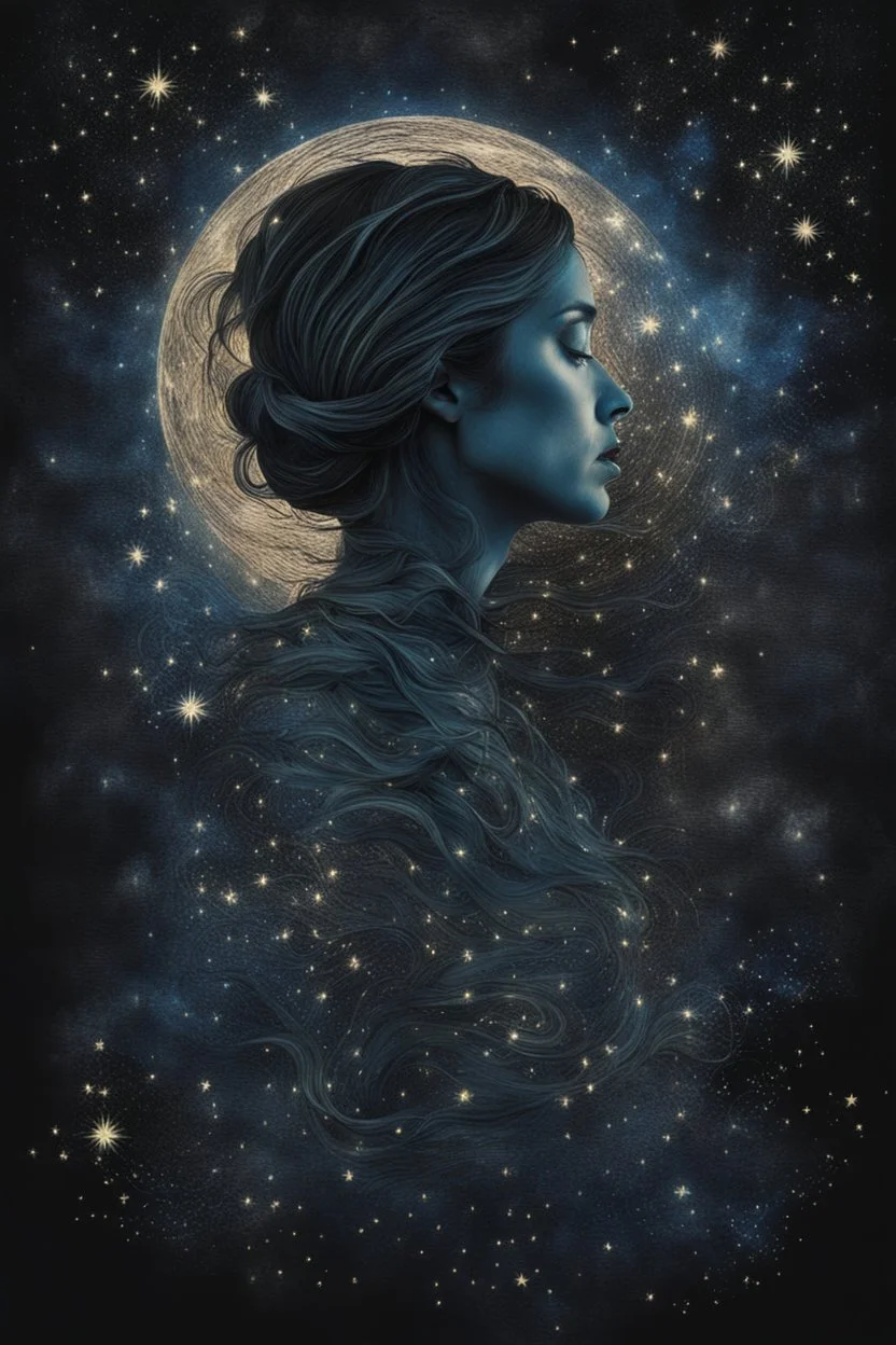 Double exposure of a female person's profile and a utopistic starry night sky, dramatic mood, dark depressive style, highly detailed intricate, surreal, stunning