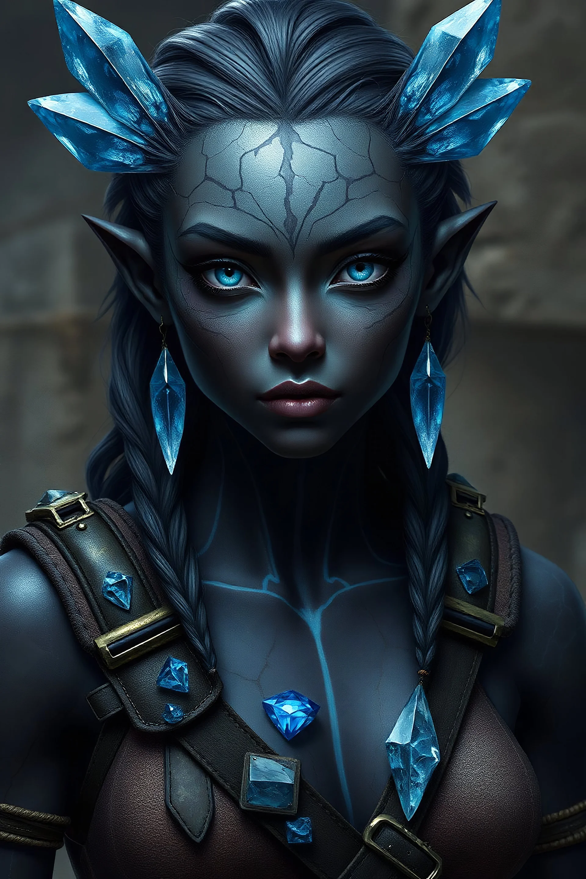 Please generate a female earth genasi She should have dark-colored skin. She should have lines marking her skin like cracks, showing glimmering gem-like veins. Instead of hairs, she has blue crystals. She also have crystals on her forearms. She wears adventurer clothes. She has blue eyes