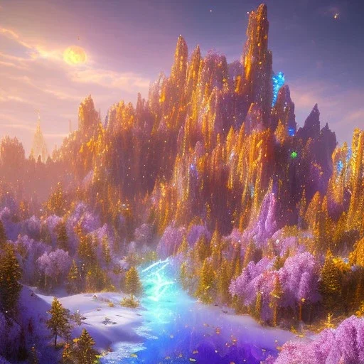 blue gold and violet landscape with multicolored crystals falling from the sky, full of details, smooth, bright sunshine，soft light atmosphere, light effect，colorful, concept art, smooth, extremely sharp detail, finely tuned detail, ultra high definition, 8 k, unreal engine 5, ultra sharp focus