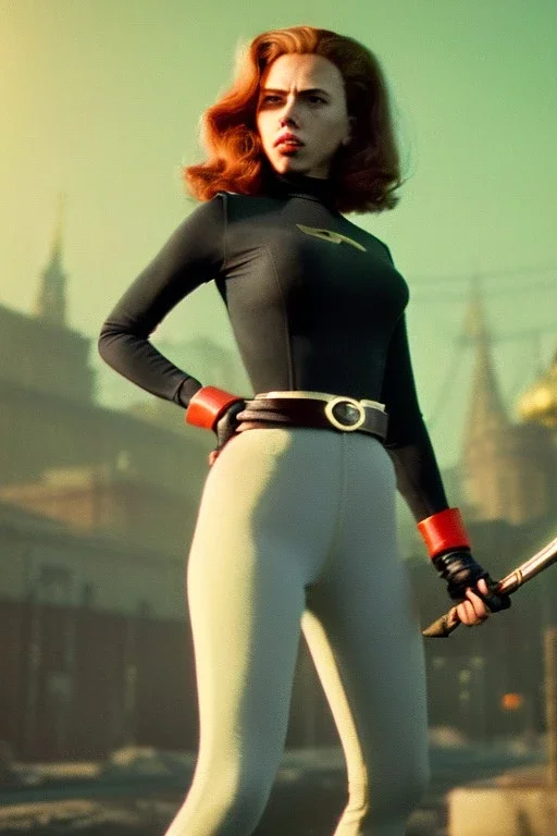 retro portrait image from 1960, Moscow background, wind, long red hair, fighting stance, sweet young Scarlett Johansson, classic black tight lycra suit, weapon, gold bracelet and belt, high heel boots, soft color, highly detailed, unreal engine 5, ray tracing, RTX, lumen lighting, ultra detail, volumetric lighting, 3d, finely drawn, high definition, high resolution.