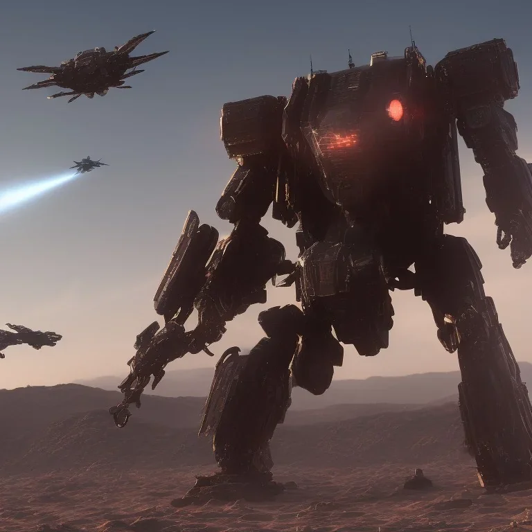 Armored Core machine robot fights another Armored Core fly in the sky in the desert with the ocean where you can see the space in the sky with the twilight on the horizon, 4k resolution