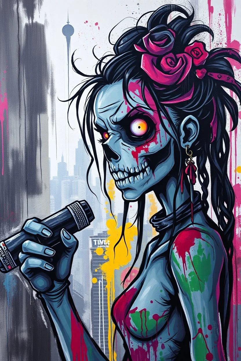 graffiti art of cartoon zombie girl , elaborate acrylic spray paint by Yoji shinkawa + nick Edwards style with bold brushstrokes, vibrant saturated natural color