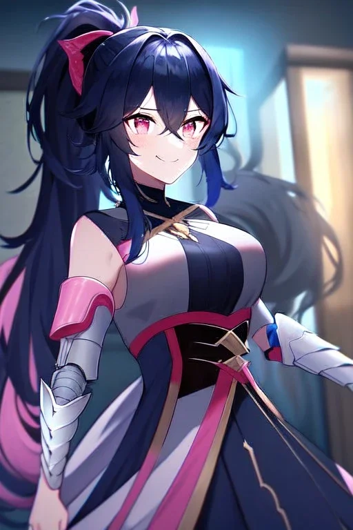 girl, masterpiece, best quality, cinematic lighting, detailed outfit, vibrant colors, perfect eyes, long hair, dark blue hair, pink eyes, ponytail, messy hair, hair between eyes, indoors, depth of field, ray tracing, armored dress, angry, smile,