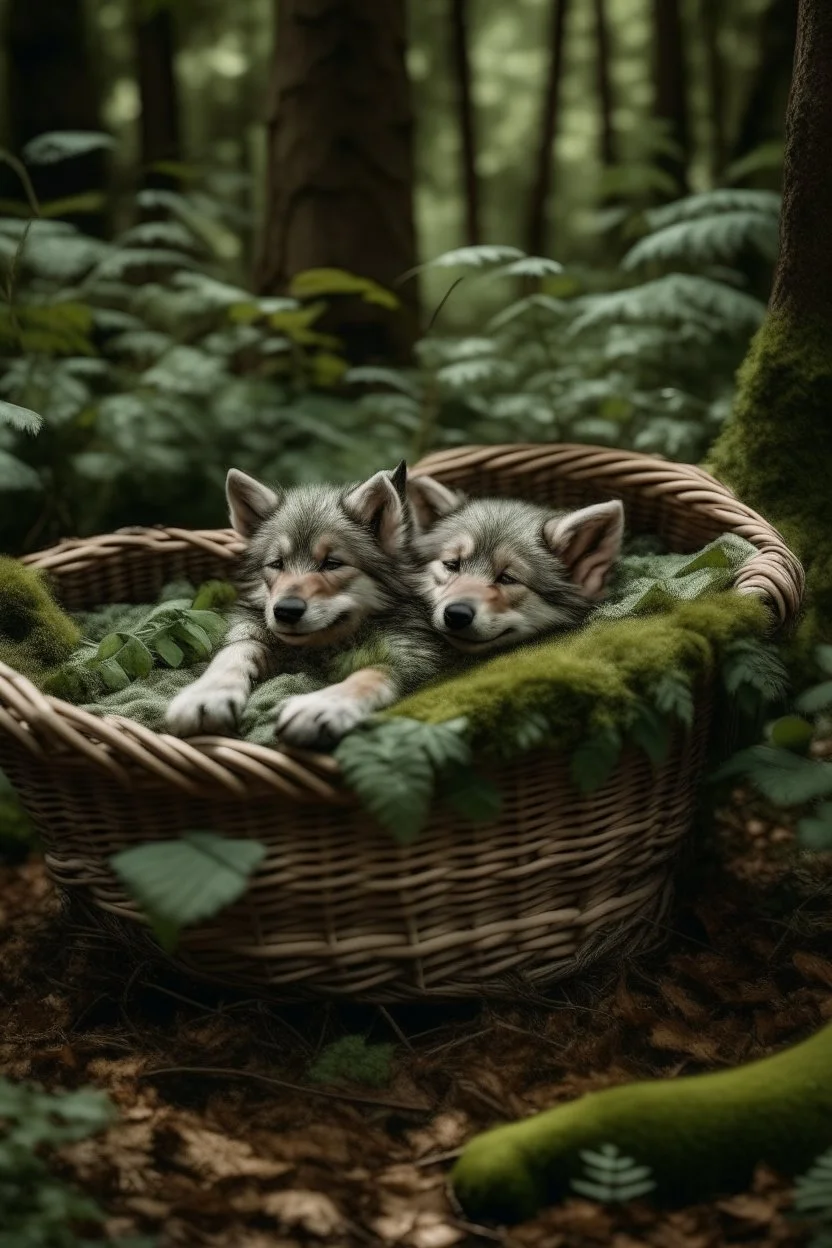 A baby sleeping in a basket in the middle of a forest . Two wolfs looking at the baby