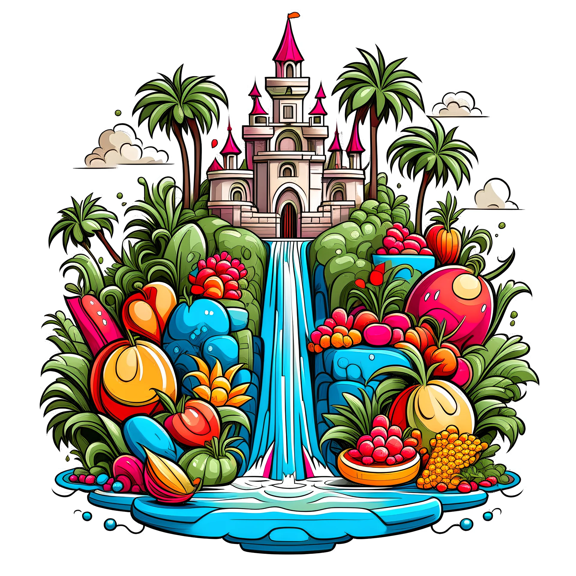 juice kingdom AI design all fruits and add bottle juice in the river