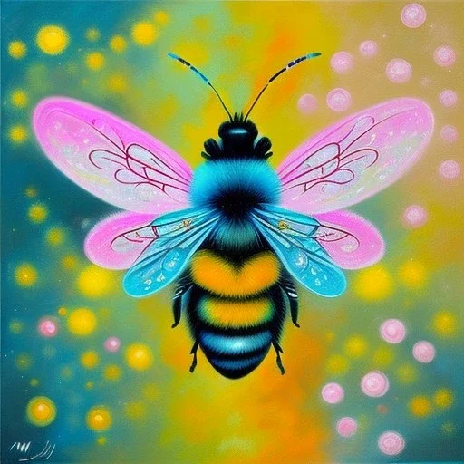 iv_a painting of a cute bee, figurative art, an acrylic detailed painting, , brush strokes, paint drips and drabs and splatters by Chris Ofili and Bryen Frost, pexels, turquoise pink and yellow, james terrell art, blue background by Harumi Hironaka, trending on artstation, soft lines, paint drips and drabs and splatters by jana brike, fauvism, highly detailed sharp focus smooth elegant illustration by artgerm dreamy and ethereal intricate art by bastien lecouffe deharme and greg rutkowski,