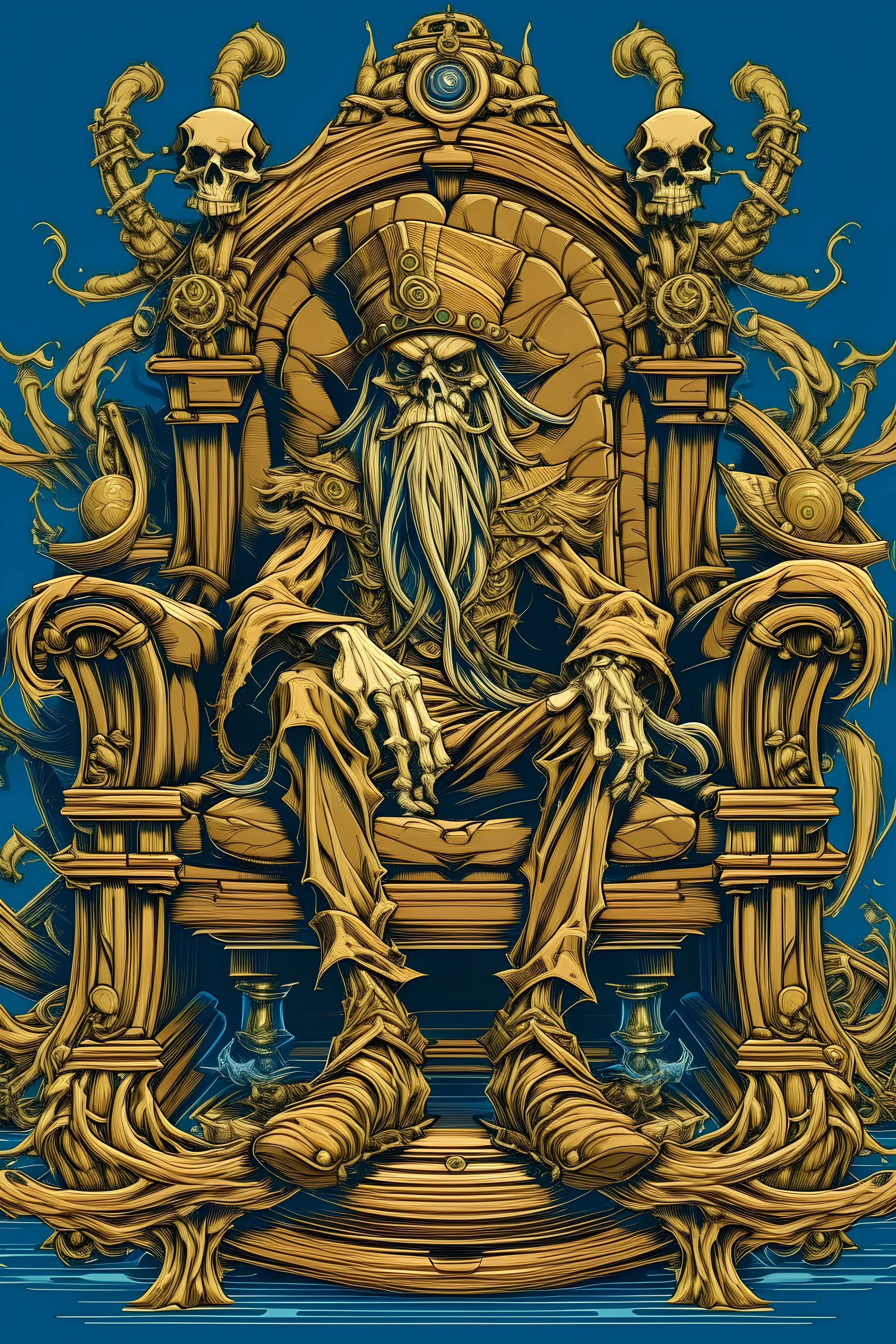 Davy Jones made of wood sitting on a Thrones in a ship, from One Piece world, Eichiro Oda style