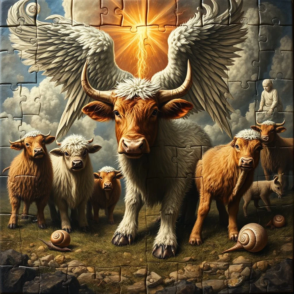 almost fully laid small puzzle pieces tapestry showing angry god storm in heaven suffering through a pinhole cam picture of heavenly fluffy elevated messed up woodland elongated slimy cow snail story teller and ad & d monster creatures flock painted by Nerdrum and Rembrandt